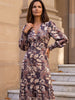 Ridley_London_Chocolate_Peacock_Feather_Liberty_Print_Hera_Hana_Ellen_Silk_Twill_Maxi_Dress_With_Long_Sleeves_And_Shirred_Cuffs_And_Frill_On_Skirt