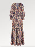 Ridley_London_Chocolate_Peacock_Feather_Liberty_Print_Hera_Hana__Silk_Twill_Ellen_Maxi_Dress_With_Long_Sleeves_And_Shirred_Cuffs_And_Frill_On_Skirt