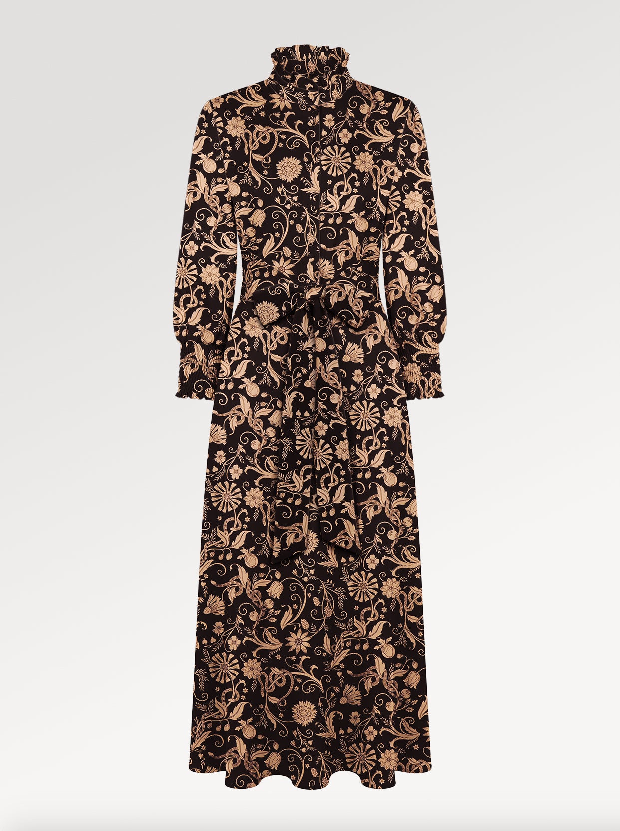 Ridley_London_Chocolate_Hesperides_Evening_Liberty_Print_Silk_Twill_Lola__Winter_Wedding_Guest_Midi_Dress_With_Full_Length_Sleeves_And_High_Neck_Ruffle_Collar