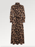 Ridley_London_Chocolate_Hesperides_Evening_Liberty_Print_Silk_Twill_Lola__Winter_Wedding_Guest_Midi_Dress_With_Full_Length_Sleeves_And_High_Neck_Ruffle_Collar