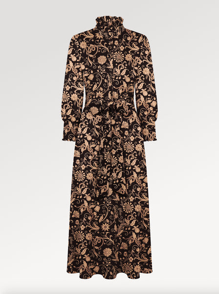 Ridley_London_Chocolate_Hesperides_Evening_Liberty_Print_Silk_Twill_Lola__Winter_Wedding_Guest_Midi_Dress_With_Full_Length_Sleeves_And_High_Neck_Ruffle_Collar