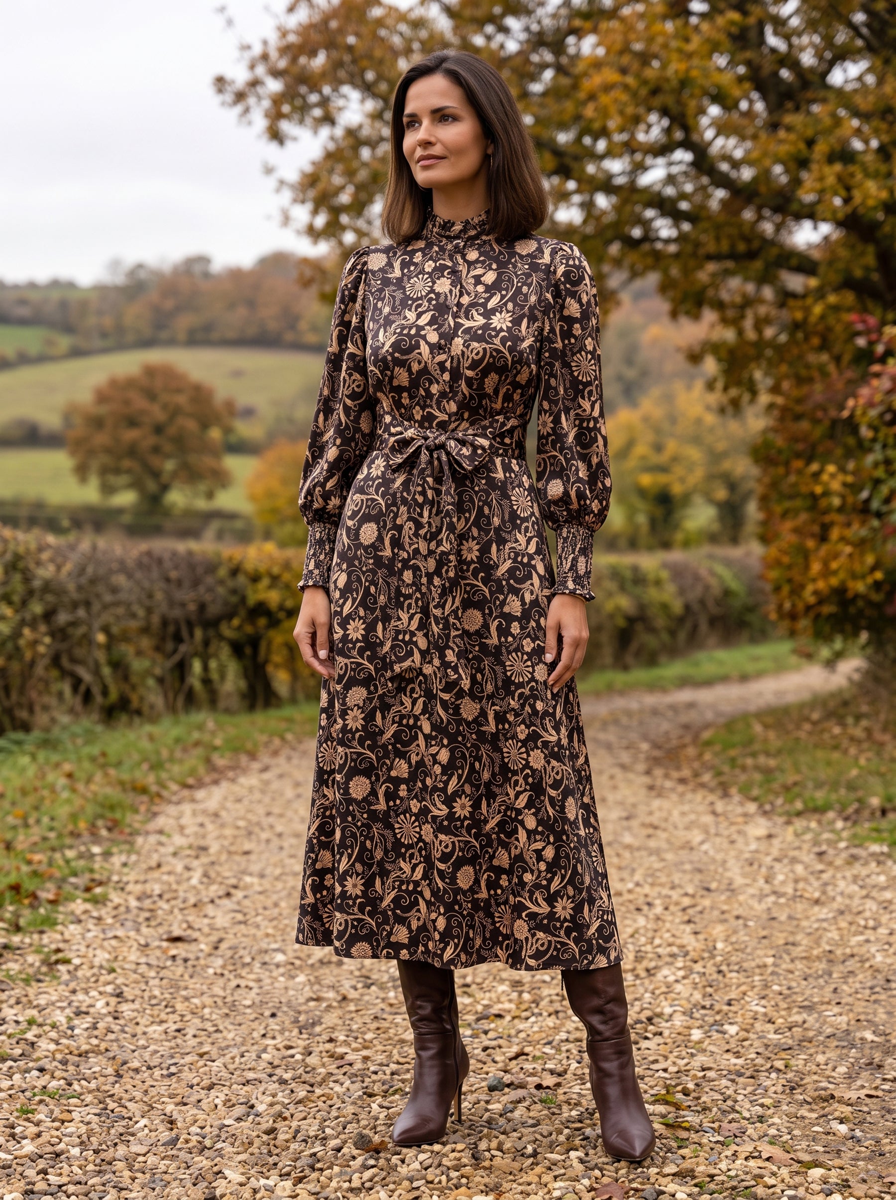Ridley_London_Chocolate_Hesperides_Evening_Liberty_Print_Silk_Twill_Lola__Winter_Wedding_Guest_Midi_Dress_With_Full_Length_Sleeves_And_High_Neck_Ruffle_Collar
