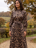 Ridley_London_Chocolate_Hesperides_Evening_Liberty_Print_Silk_Twill_Lola__Winter_Wedding_Guest_Midi_Dress_With_Full_Length_Sleeves_And_High_Neck_Ruffle_Collar