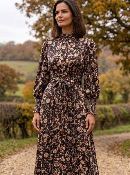 Ridley_London_Chocolate_Hesperides_Evening_Liberty_Print_Silk_Twill_Lola__Winter_Wedding_Guest_Midi_Dress_With_Full_Length_Sleeves_And_High_Neck_Ruffle_Collar