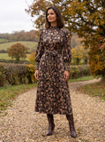 Ridley_London_Chocolate_Hesperides_Evening_Liberty_Print_Silk_Twill_Lola__Winter_Wedding_Guest_Midi_Dress_With_Full_Length_Sleeves_And_High_Neck_Ruffle_Collar