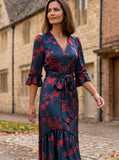 Ridley_London_Silk_Autumn_Winter_Mother_Of_the_Bride_Wedding_Guest_Teal_Rust_Red_Elizabeth_Impression_Liberty_Print_Silk_Satin_Jacqueline_V_Necked_Maxi_Dress_with_Elbow_Length_Sleeves_with_ruffles