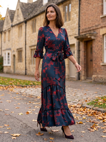 Ridley_London_Silk_Autumn_Winter_Mother_Of_the_Bride_Wedding_Guest_Teal_Rust_Red_Elizabeth_Impression_Liberty_Print_Silk_Satin_Jacqueline_V_Necked_Maxi_Dress_with_Elbow_Length_Sleeves_with_ruffles