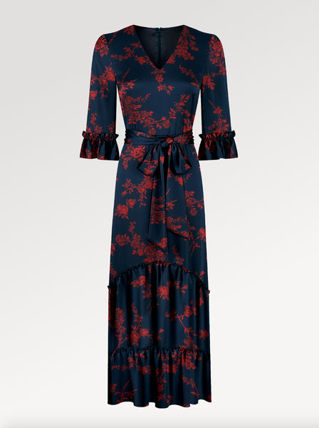 Ridley_London_Silk_Autumn_Winter_Mother_Of_the_Bride_Wedding_Guest_Teal_Rust_Red_Elizabeth_Impression_Liberty_Print_Silk_Satin_Jacqueline_V_Necked_Maxi_Dress_with_Elbow_Length_Sleeves_with_ruffle