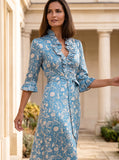 Ridley_London_Wedgewood_Blue_Hesperedes_Evening_Liberty_Print_Silk_Satin_Oriana_Dress_With_Ruffled_Neck_And_Ruffled_Cuff_Three_Quarter_Length_Sleeves