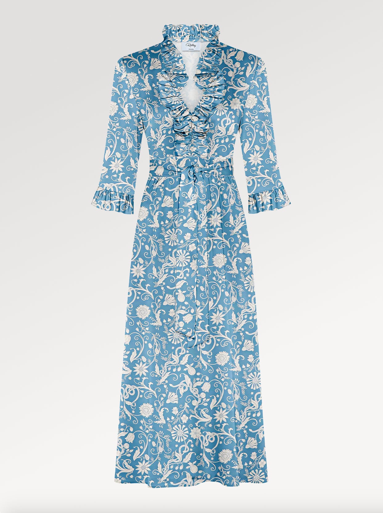 Ridley_London_Wedgewood_Blue_Hesperedes_Evening_Liberty_Print_Silk_Satin_Oriana_Dress_With_Ruffled_Neck_And_Ruffled_Cuff_Three_Quarter_Length_Sleeves