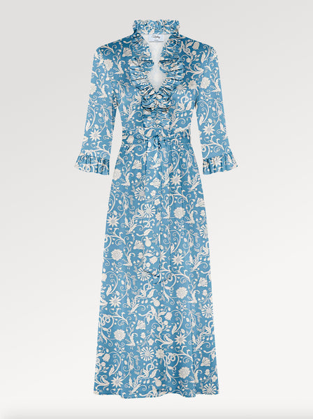 Ridley_London_Wedgewood_Blue_Hesperedes_Evening_Liberty_Print_Silk_Satin_Oriana_Dress_With_Ruffled_Neck_And_Ruffled_Cuff_Three_Quarter_Length_Sleeves
