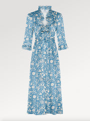Ridley_London_Wedgewood_Blue_Hesperedes_Evening_Liberty_Print_Silk_Satin_Oriana_Dress_With_Ruffled_Neck_And_Ruffled_Cuff_Three_Quarter_Length_Sleeves