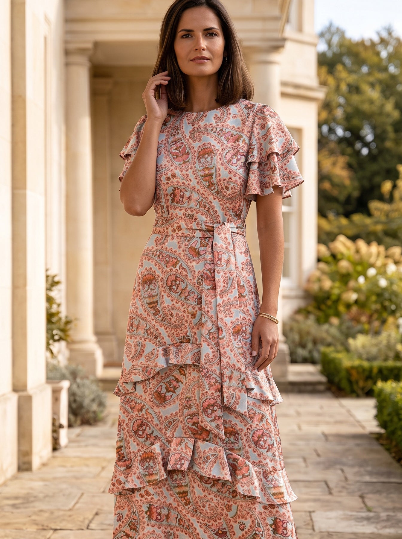 Ridley_London_Dusty_Pink_Blue_Mr_Hunt_Liberty_Print_Silk_Twill_Paisley_Adeline_Maxi_Dress_With_Frounced_Tiered_Skirt_And_Round_Neck