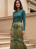 Ridley_London_Green_Silk_Twill_Royal_Hera_Liberty__Print_Peacock_Feather_Silk_Anya_Maxi_Skirt_With_Frounce_Frill_Hem