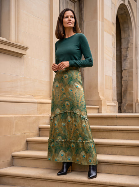 Ridley_London_Green_Silk_Twill_Royal_Hera_Liberty__Print_Peacock_Feather_Silk_Anya_Maxi_Skirt_With_Frounce_Frill_Hem