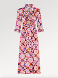 Ridley_London_Magenta_Fuchsia_Pink_Clifford_Floral_Liberty_Print_Silk_Satin_Midi_Mother_of_The_Bride_Dress_with_three_quarter_Sleeves_and_fit_and_flare_skirt