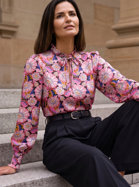 Ridley_London_Magenta_Dark_Fucshia_Pink_Clifford_Liberty_Silk_Satin_Floral_Alicia_Top_Long_Sleeved_Blouse_With_Shirred_Cuffs