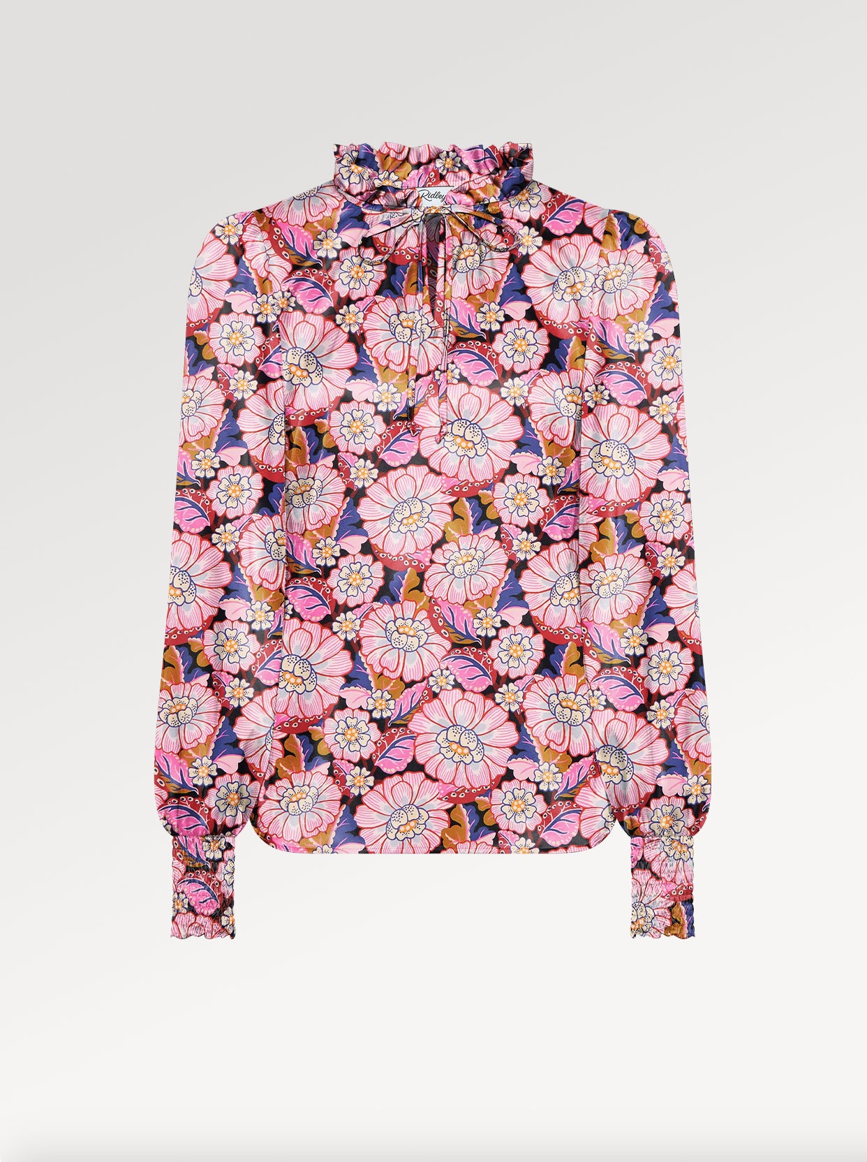 Ridley_London_Dark_Fucshia_Pink_Clifford_Liberty_Silk_Satin_Floral_Alicia_Top_Long_Sleeved_Blouse_With_Shirred_Cuffs
