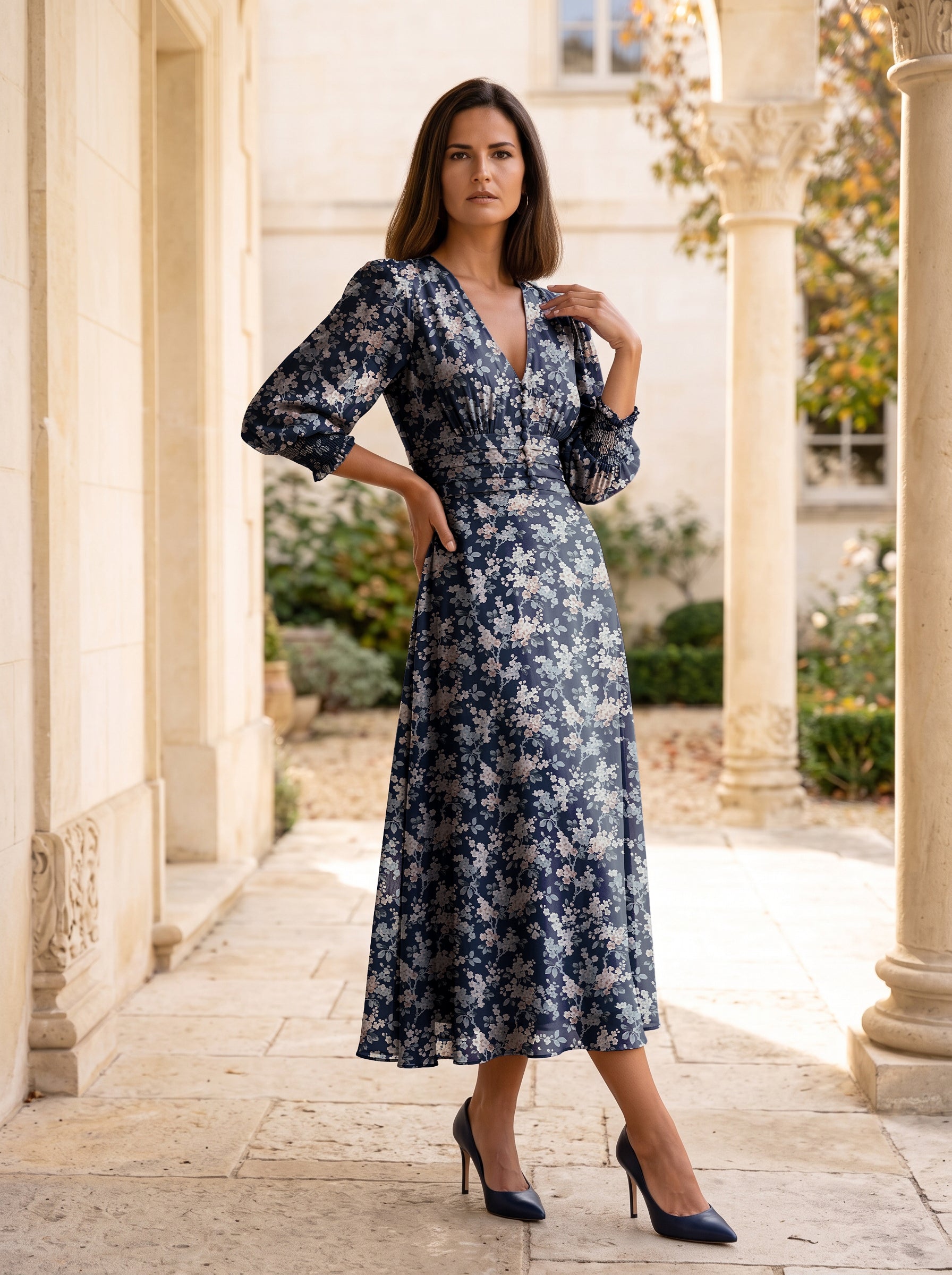 Ridley_London_Navy_And_White_Josephine_Floral_Silk_Chiffon_Wedding_Guest_Ella_Dress_With_Fit_And_Flare_Shape_And_Three_Quarter_Sleeves