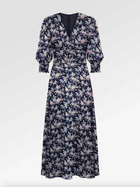 Ridley_London_Navy_And_White_Josephine_Floral_Silk_Chiffon_Wedding_Guest_Ella_Dress_With_Fit_And_Flare_Shape_And_Three_Quarter_Sleeves