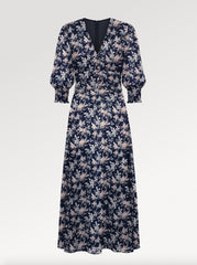 Ridley_London_Navy_And_White_Josephine_Floral_Silk_Chiffon_Wedding_Guest_Ella_Dress_With_Fit_And_Flare_Shape_And_Three_Quarter_Sleeves