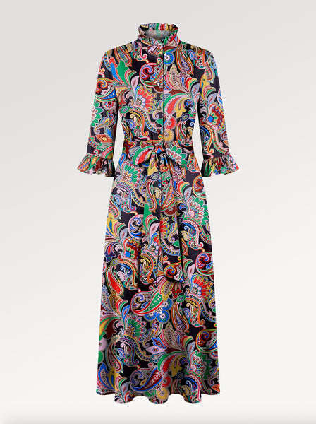 Ridley_London_Silk_Autumn_Winter_Mother_Of_the_Bride_Wedding_Guest_Navy_Multi_Coloured_Paisley_Fanfare_Liberty_Silk_Satin_Lola_Midi_Dress_with_Three_Quarter_Sleeves_And_Ruffles_With_Ruffle_Collar
