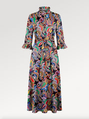Ridley_London_Silk_Autumn_Winter_Mother_Of_the_Bride_Wedding_Guest_Navy_Multi_Coloured_Paisley_Fanfare_Liberty_Silk_Satin_Lola_Midi_Dress_with_Three_Quarter_Sleeves_And_Ruffles_With_Ruffle_Collar