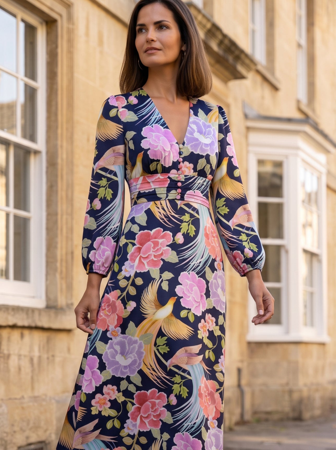 Ridley_London_Navy_Tropical_Shawls_Liberty_Print_Silk_Satin_Ella_Winter_Wedding_Guest_Mother_Of_The_Bride_Maxii_Dress_With_Full_Length_Sleeves_And_Button_Down_Front