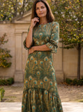 Ridley_London_Green_Peacock_Feather_King_Hera_Liberty_Print_Silk_Satin_Jacqueline__Winter_Wedding_Guest_Maxi_Dress_With_Three_Quarter_Sleeves_And_Ruffles