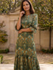 Ridley_London_Green_Peacock_Feather_King_Hera_Liberty_Print_Silk_Satin_Jacqueline__Winter_Wedding_Guest_Maxi_Dress_With_Three_Quarter_Sleeves_And_Ruffles