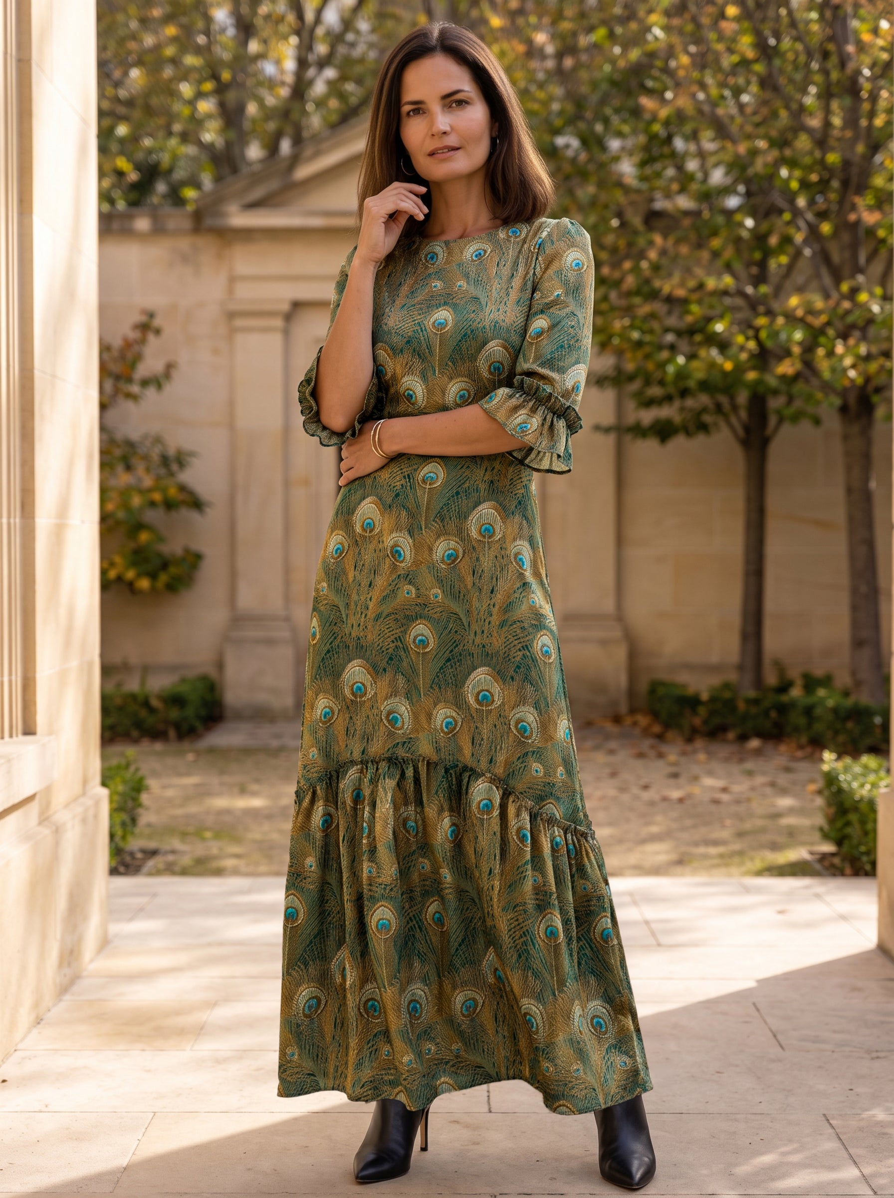 Ridley_London_Green_Peacock_Feather_King_Hera_Liberty_Print_Silk_Satin_Jacqueline__Winter_Wedding_Guest_Maxi_Dress_With_Three_Quarter_Sleeves_And_Ruffles