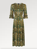 Ridley_London_Green_Peacock_Feather_King_Hera_Liberty_Print_Silk_Satin_Jacqueline__Winter_Wedding_Guest_Maxi_Dress_With_Three_Quarter_Sleeves_And_Ruffles