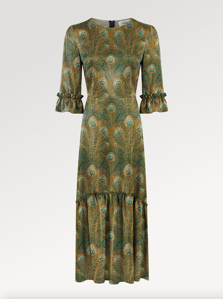 Ridley_London_Green_Peacock_Feather_King_Hera_Liberty_Print_Silk_Satin_Jacqueline__Winter_Wedding_Guest_Maxi_Dress_With_Three_Quarter_Sleeves_And_Ruffles