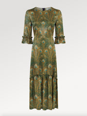 Ridley_London_Green_Peacock_Feather_King_Hera_Liberty_Print_Silk_Satin_Jacqueline__Winter_Wedding_Guest_Maxi_Dress_With_Three_Quarter_Sleeves_And_Ruffles