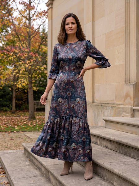 Ridley_London_Silk_Autumn_Winter_Mother_Of_the_Bride_Wedding_Guest_Purple_King_Hera_Peacock_Feather_Liberty_Silk_Twill_Jacqueline_Maxi_Dress