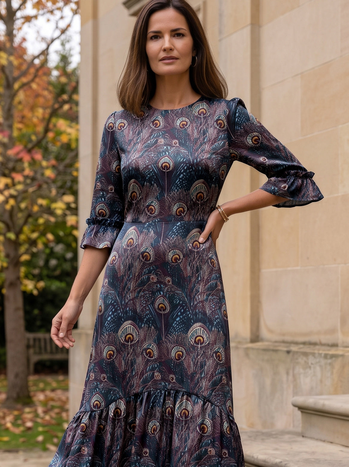 Ridley_London_Silk_Autumn_Winter_Mother_Of_the_Bride_Wedding_Guest_Purple_King_Hera_Peacock_Feather_Liberty_Silk_Twill_Jacqueline_Maxi_Dress_With_Three_Quarter_Ruffle_Sleeves