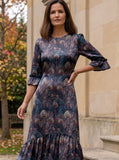 Ridley_London_Silk_Autumn_Winter_Mother_Of_the_Bride_Wedding_Guest_Purple_King_Hera_Peacock_Feather_Liberty_Silk_Twill_Jacqueline_Maxi_Dress_With_Three_Quarter_Ruffle_Sleeves