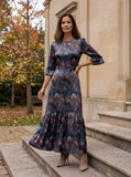Ridley_London_Silk_Autumn_Winter_Mother_Of_the_Bride_Wedding_Guest_Purple_King_Hera_Peacock_Feather_Liberty_Print_Silk_Twill_Jacqueline_Maxi_Dress_With_Three-Quarter_Length_Ruffle_Sleeves