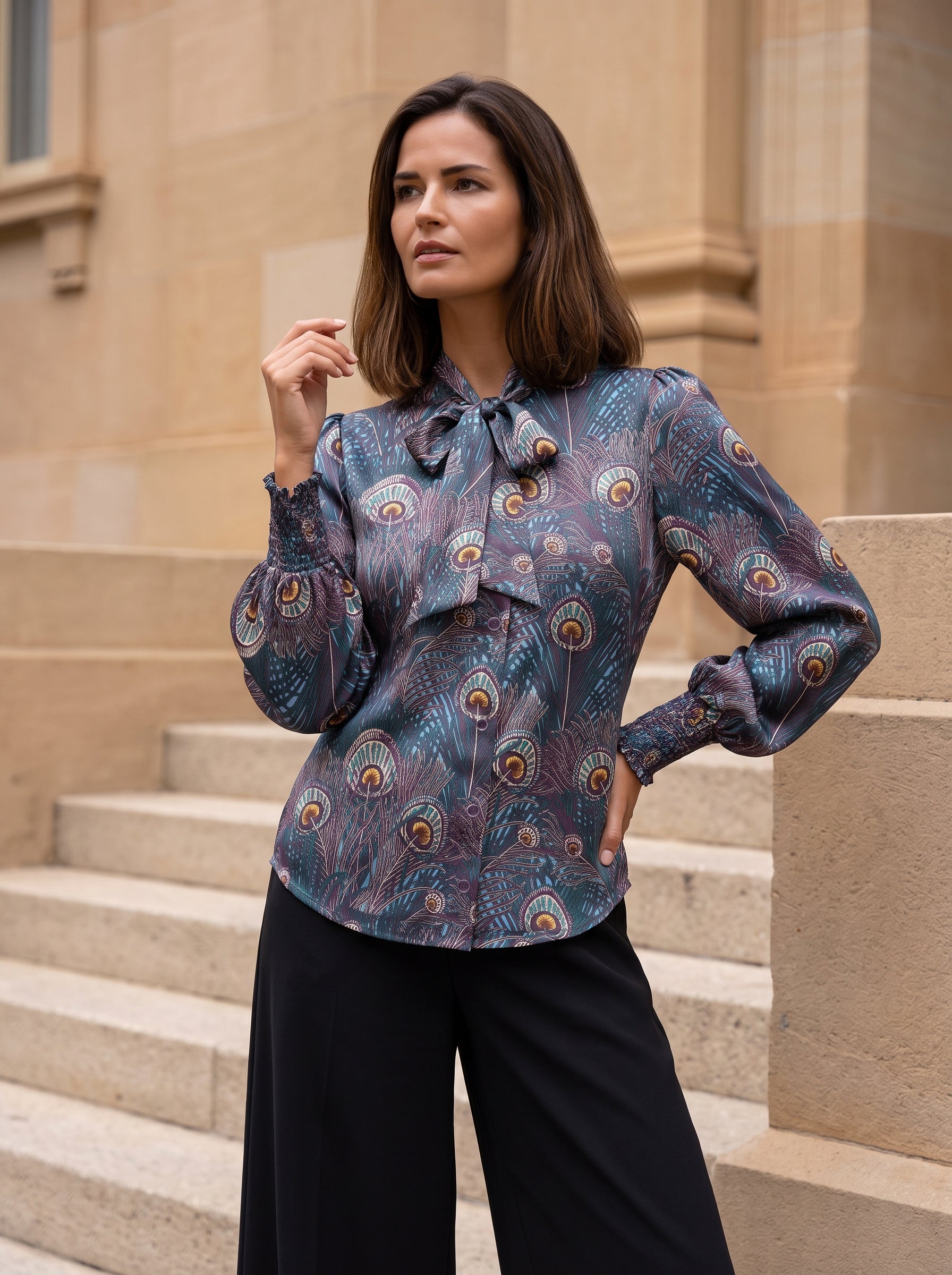 Ridley_London_Purple_Peacock_Feather_Hera_Hana_Silk_Twill_Cilla_Pussy_Bow__Long_Sleeved_Blouse_With_Shirred_Cuffs