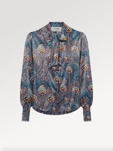 Ridley_London_Purple_Peacock_Feather_Hera_Hana_Silk_Twill_Cilla_Pussy_Bow__Long_Sleeved_Blouse_With_Shirred_Cuffs