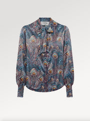 Ridley_London_Purple_Peacock_Feather_Hera_Hana_Silk_Twill_Cilla_Pussy_Bow__Long_Sleeved_Blouse_With_Shirred_Cuffs