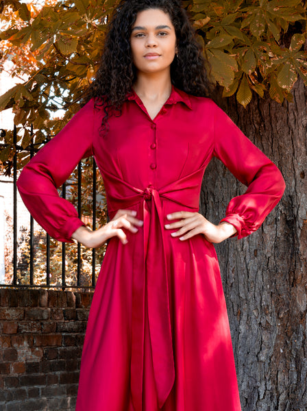 Red silk shirt dress shop