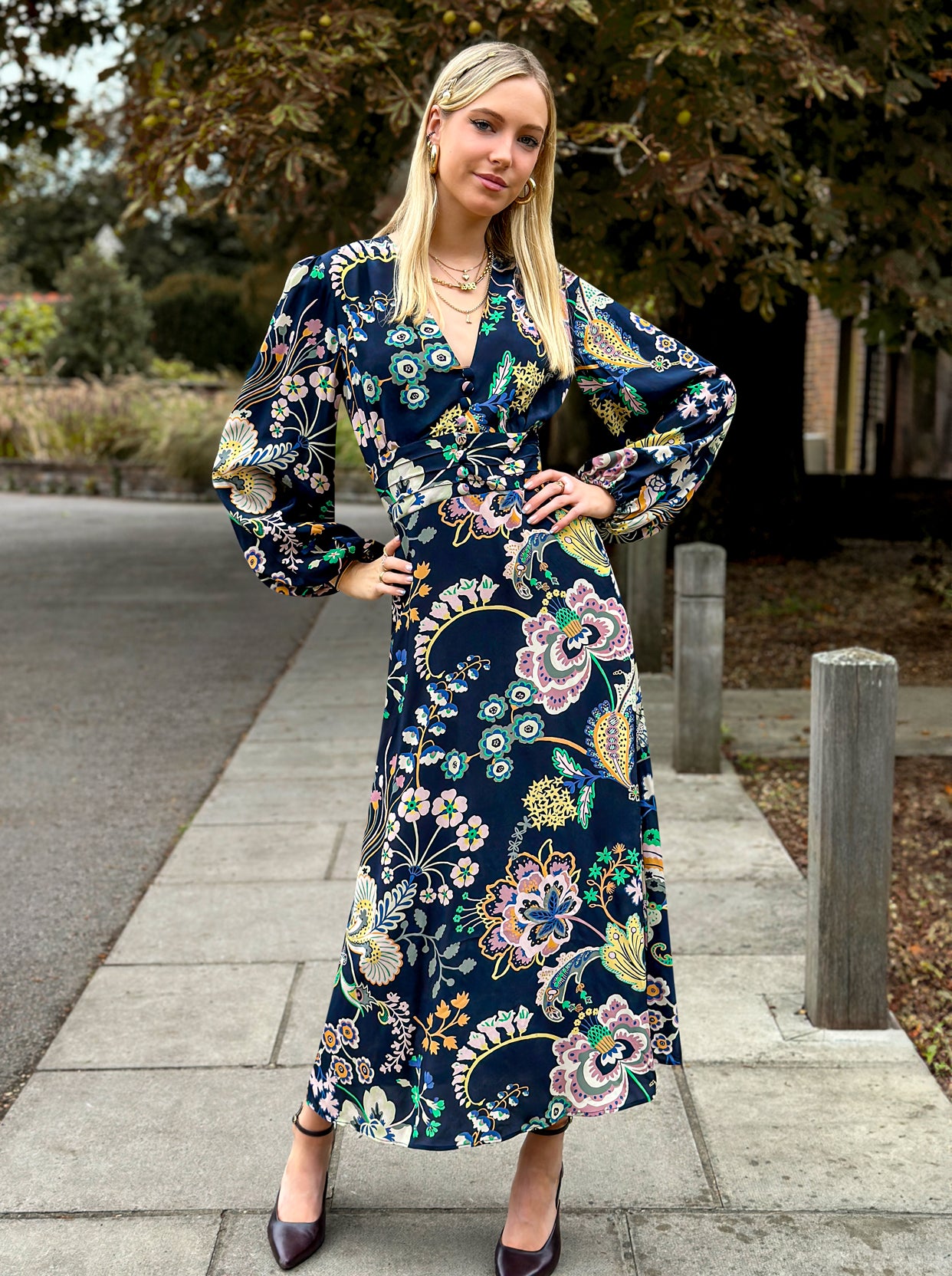 Printed silk dress sale