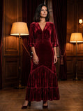 Ridley_London_Ruby_Silk_Velvet_Ellen_Maxi_Mother_of_The_Bride_Dress_with_three_quarter_Sleeves_and_tiered_skirt