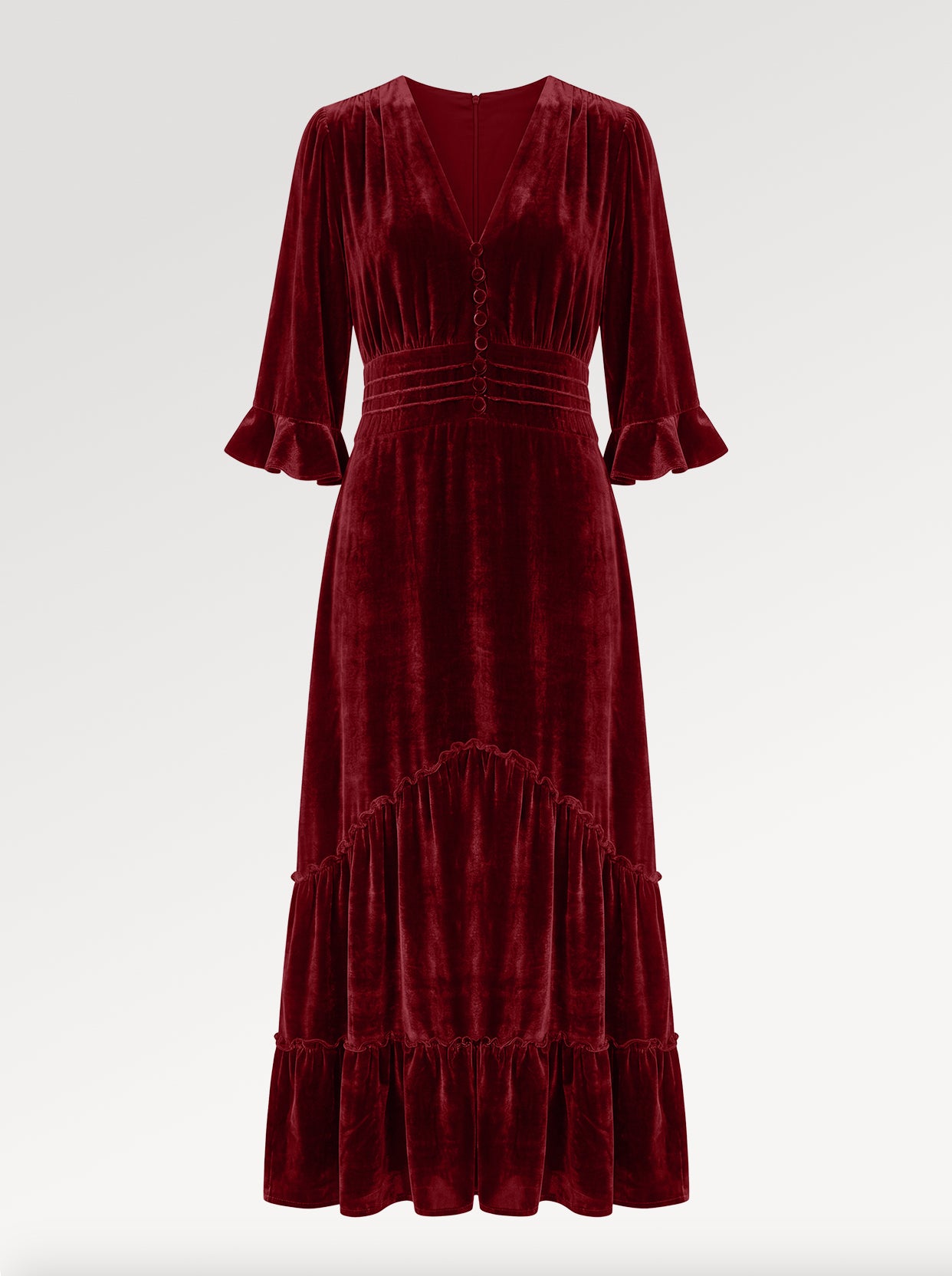 Ridley_London_Ruby_Silk_Velvet_Ellen_Maxi_Mother_of_The_Bride_Dress_with_three_quarter_Sleeves_and_tiered_skirt