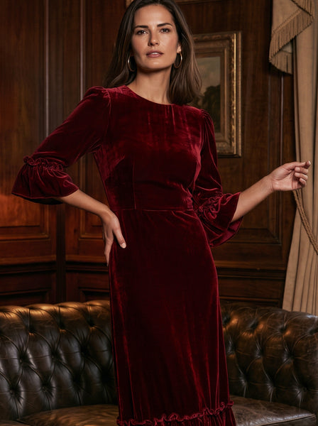 Ridley_London_Ruby_Red__Silk_Velvet_Rosella_Dress_With_Three_Quarter_Sleeves_Mother_of_The_Bride_Dress_Wedding_guest_dress