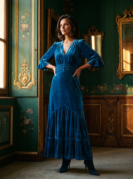 Ridley_London_Seafoam_Blue_Silk_Velvet_Dress_Mother_Of_The_Bride_Wedding_Guest_Dress_with_three_quarter_Sleeves