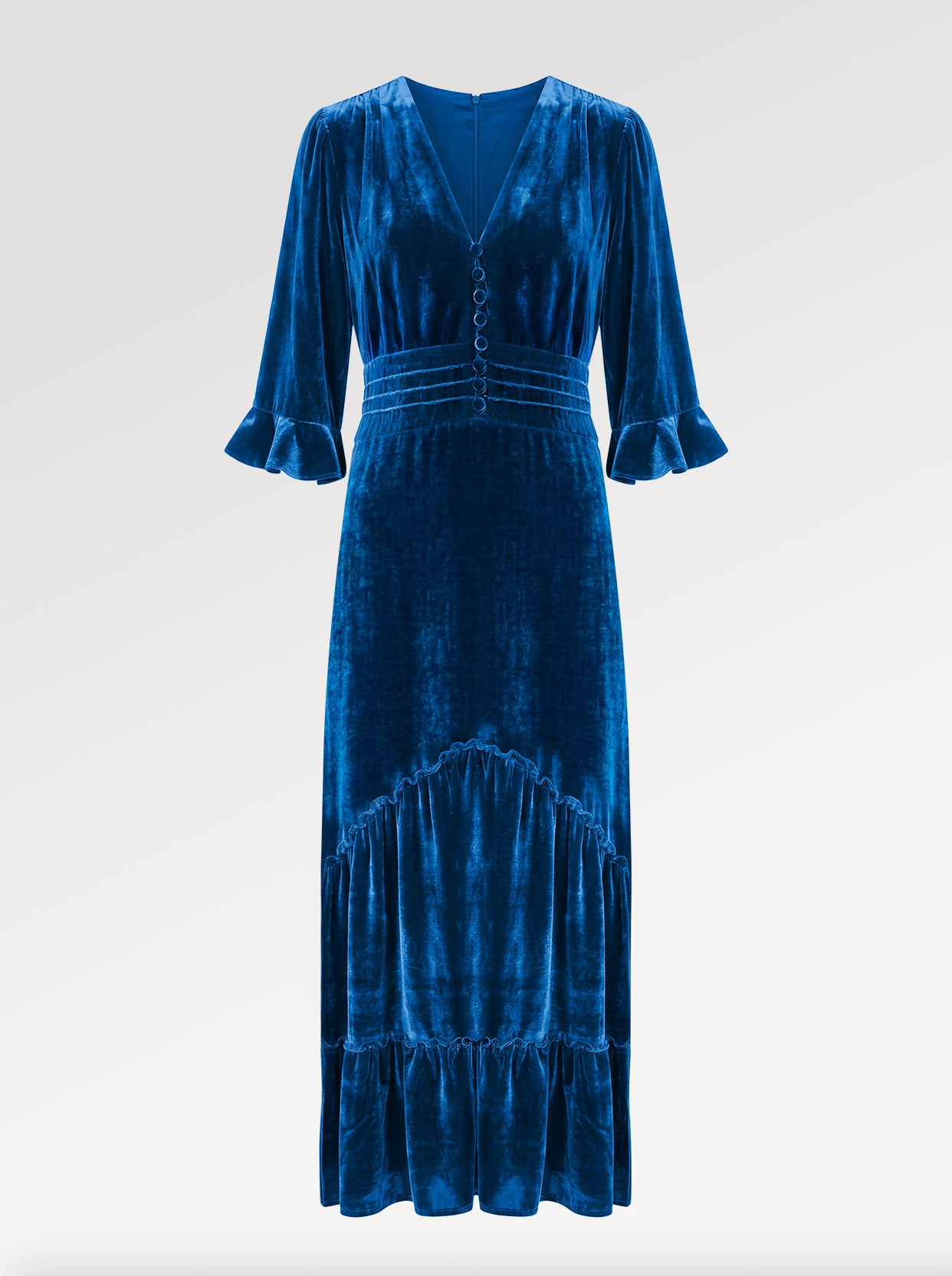 Ridley_London_Seafoam_Blue_Silk_Velvet_Dress_Mother_Of_The_Bride_Wedding_Guest_Dress_with_three_quarter_Sleeves_