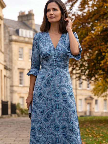 Ridley_London_Silk_Autumn_Winter_Mother_Of_the_Bride_Wedding_Guest_Steel_Blue_Mr_Hunt_Liberty_Print_Paisley_Silk_Satin_Ella_Midi_Dress_with_Elbow_Length_Sleeves_with_ruffle