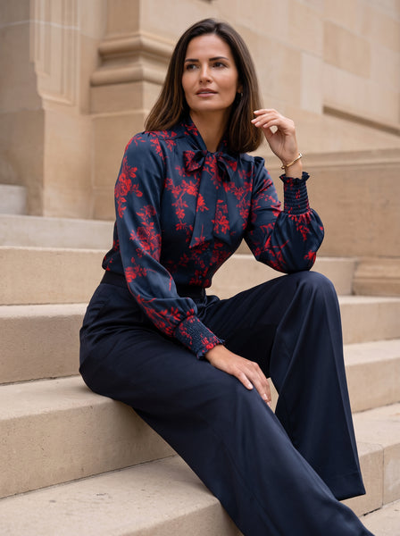 Ridley_London_Teal_Red_Silk_Satin_Elizabeths_Impression_Liberty_Print_Cilla_Pussy_Bow_Long_Sleeved_Blouse_With_Shirred_Cuffs
